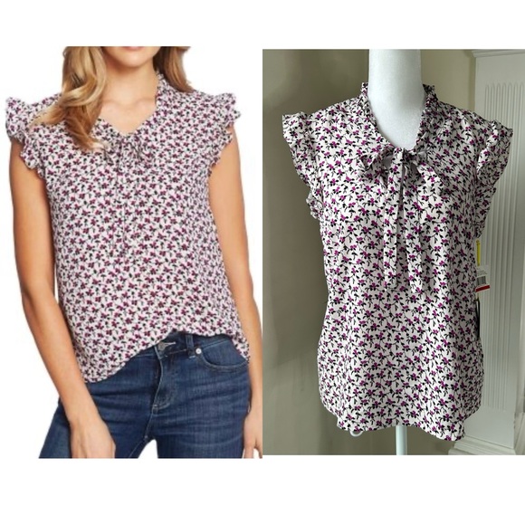 CeCe Pink Flutter Sleeve Floral Ruffle Blouse with ribbon tie front - Picture 1 of 10